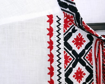 Men's Linen Vyshyvanka, Red Black Embroidery, Ukrainian Shirt