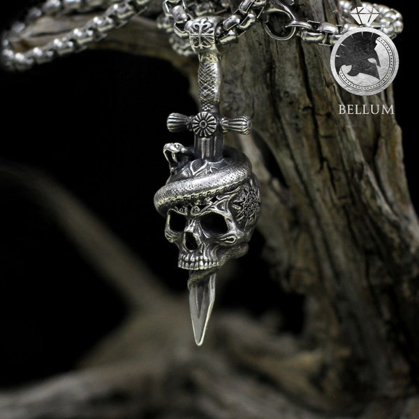 Pendentif Crâne "La Mutinerie" Argent 925 Pirate Dague Epée Corsaire Fait Main Bellum Skull Serpent Vipère Aztec