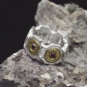 Bullet Ring Fortress 9mm 925 Sterling Silver Revolver Rubys Handmade Warrior Unique Revolver