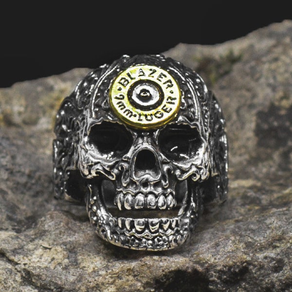 Bague Crâne Mexicain 9mm Cartouche Douille Balle Jour des Morts Dia de los Muertos Guerrier Militaire Biker Punk