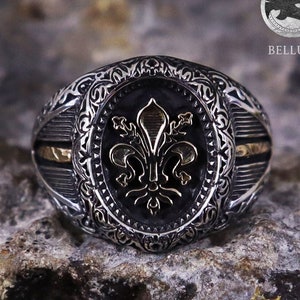 Heraldic Lily Signet Ring "The Corsair" Men Silver 925 Sterling Bronze Handmade Pirate King Royalty Baroque Steampunk Biker Bellum Coat Arms