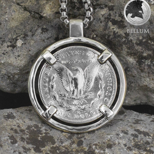 Pendentif Médaille de Pièce Morgan Silver Dollar Argent Massif 925 Fait Main Artisanal Historique Collier Chaine Americain