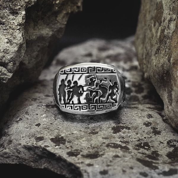 Bague Spartiate 925 Argent Massif Grèce Antique Fait Main Chevalière Guerrier Casque Molon Labe Bataille Fresque Homme 300 Histoire Hoplite