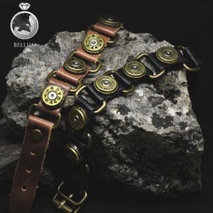 Armband .44 Magnum Leren Ketting Kogels Patronen Hulzen Zwart Bruin Krijger Biker Militair Metaal Rebel