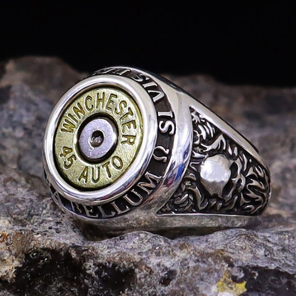 Bellum Ring .45 Acp (925 Sterling Silver) Bullet Ring "Si vis pacem para bellum" Signet Ring Cartdridge Casing Warrior Biker Rebel Military