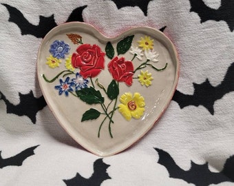 Heart Platter, Heart Tray,  Flowers Tray, Flower Pottery, Heart Pottery