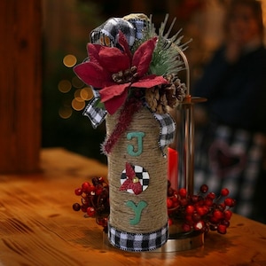 Handmade JOY Bottle Holiday Decor – Rustic Poinsettia Christmas Centerpiece