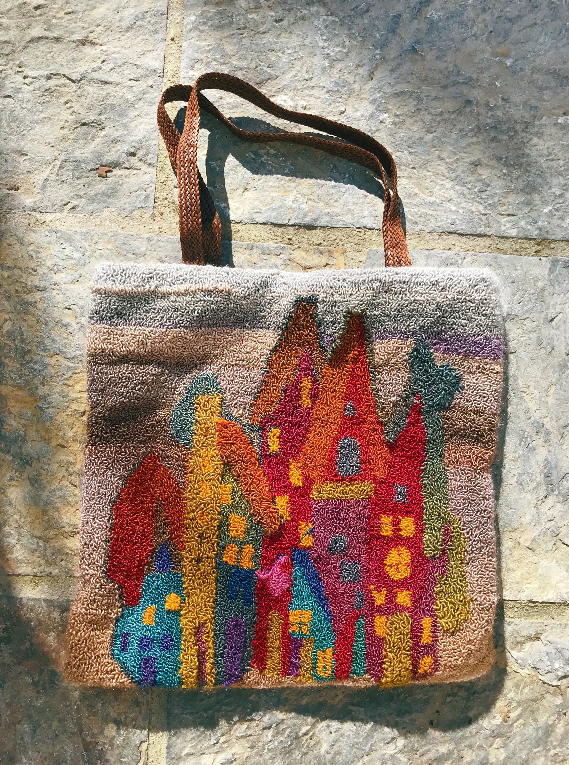 Punch Needle Hand Bag with Leather Handles Etsy