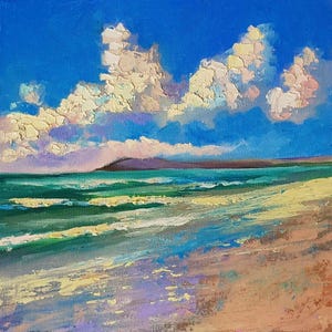 Pintura de praia de Brancaster: 8x8&quot; Norfolk Coast Wall Art Impasto Oil Painting, coleção de pequenas paisagens marinhas abstratas inglesas