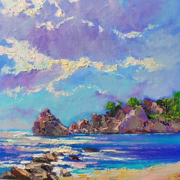 Mediterranean Coastal: 8"x 8" Impasto Oil Painting Turquoise Sea Waves Summer  Seascape Impressionist Art Contemporary Home Birthday Gift