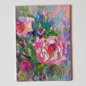 Pink Peonies Painting: 5x7&quot; Original Impasto Oil Painting Bright Abstract Floral Art Colourful Wall Painting Peony Flower Mom Birthday Gift