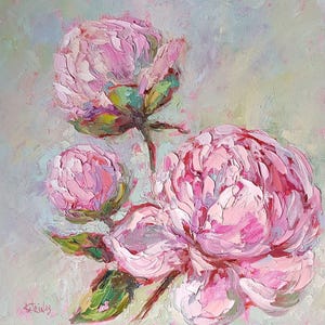 Pink Peonies Painting, Impasto Original Oil Painting Floral Wall Art Flower Artwork Delicate Color Painting, Peony Lovers Gift Modern Decor