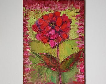 Zinnia: 5"x7" originale Impasto pittura a olio rosa brillante giardino fiore floreale parete arte pittura verde rosa regalo di compleanno casa contemporanea