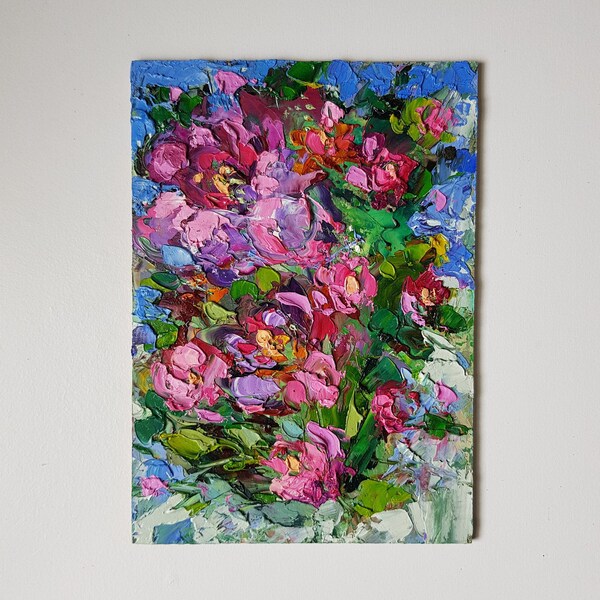 Abstrakte rosa Blume: 13x18cm Bunte Impasto Ölgemälde Garten Blumen Kleine Blumen Wandkunst Abstrakte Kunst Zeitgenössisch Haus Geschenk für Sie