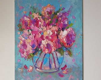 Pink Roses: 8"x10" Impasto Oil Painting Flowers in Glass Floral Still Life Abstract Wall Art Pink Flowers Contemporary Home Birthday Gift
