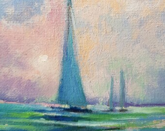 Pintura de veleiros ao luar: Obra de arte original em óleo sobre paisagem marinha noturna (8x10)