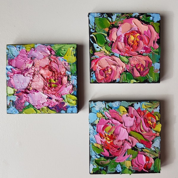 ACEO Roses Painting Set of three 2.5"x2.5" Impasto Oil Painting Abstract Floral Art Colourful Artwork Great Gift ACEO Roses Collectors