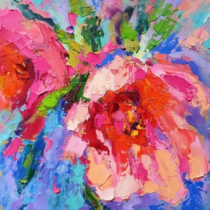 Bright Pink Peony Painting, Impasto Artwork Oil Painting Garden Flowers Hot Color Modern Abstract Floral Wall Art Gift for Peonies Lovers