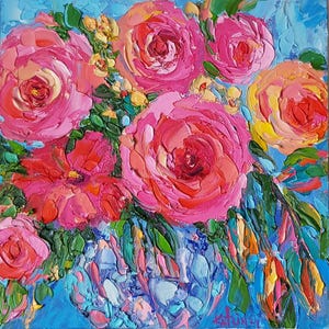 Vibrant Hot Pink Peony Floral Painting | Oil Impasto Artwork 8x8&quot; I Gift Flower Art Lover