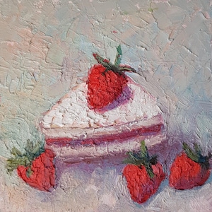 Dipinto ad olio impasto arte torta di fragole, piccolo decoro di frutta affascinante 6x6" articolo originale fatto a mano opera d'arte regalo per gli amanti della torta di fragole
