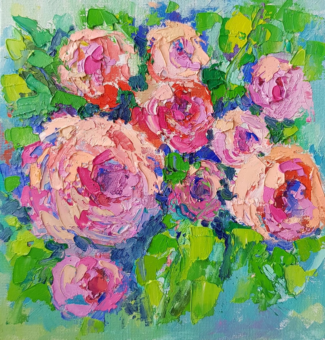 Bright Pink Roses Original Impasto Oil Painting Abstract Floral ...