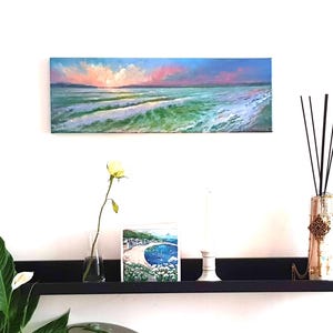 Ocean Sunset Oil Painting: Coastal Impasto Art (24x8)