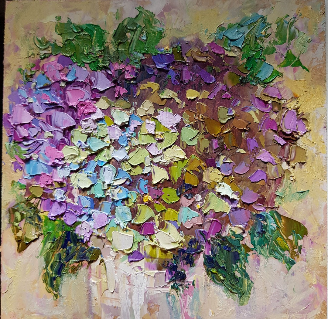 Blue Pink Hydrangea Bouquet Painting Delicate Colour Floral Art Impasto ...