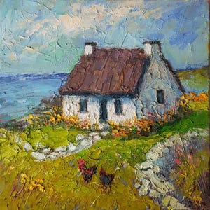 Irish Cottage Painting: 8x8&quot; Impasto Oil, Rustic Seascape Art