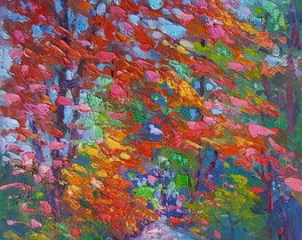 Dipinto ad olio su tela con paesaggio autunnale nella foresta, opera d'arte originale, 8x8"