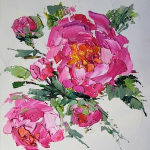 Peonies Small Painting: 6&quot;x6&quot; Original Impasto Oil Painting Pink Garden Flowers Decorative Artwork Bright Floral Wall Art Peony Lovers Gift