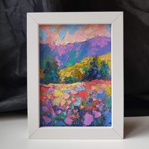 Tramonto in montagna, dipinto a olio originale impasto, prato fiorito di montagna, piccolo paesaggio astratto, decorazione da parete luminosa, regalo di compleanno, 13x18 cm