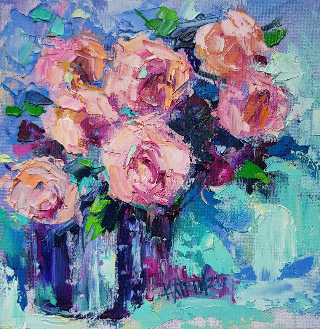 Roses in Vase: 8x8 Impasto Oil Painting Pink Flower Still Life Blue ...