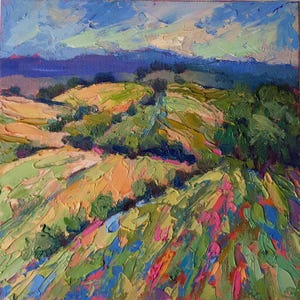 Californian Rolling Hills, Landscape Oil Impasto Painting 8x8&quot; Modern Impressionist Living Room Wall Decor, California Lovers Gift