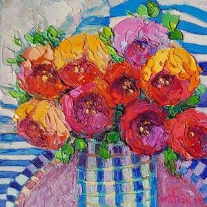 Small Impasto Floral Art in Striped Vase - Original Oil Painting 8x8&quot;