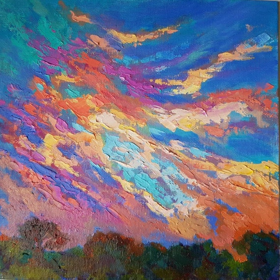 Impasto Sunset Oil Painting: Colorful Sky Landscape Art (8x8) by