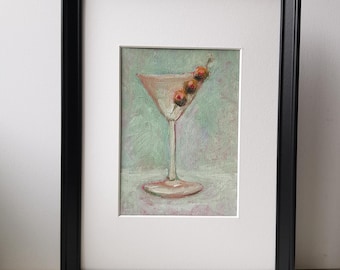 Pastoses Dirty Martini Oliv Gemälde - Originales Cocktailglas Kunstwerk 13x18 cm