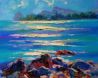 Moonlight: 8"x8" Impasto Oil Painting Wall Art Summer Mediterranean Coastal