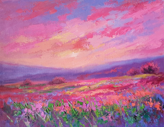 Impasto Oil Painting: Pink Sunset Mountain Landscape, Wildflower