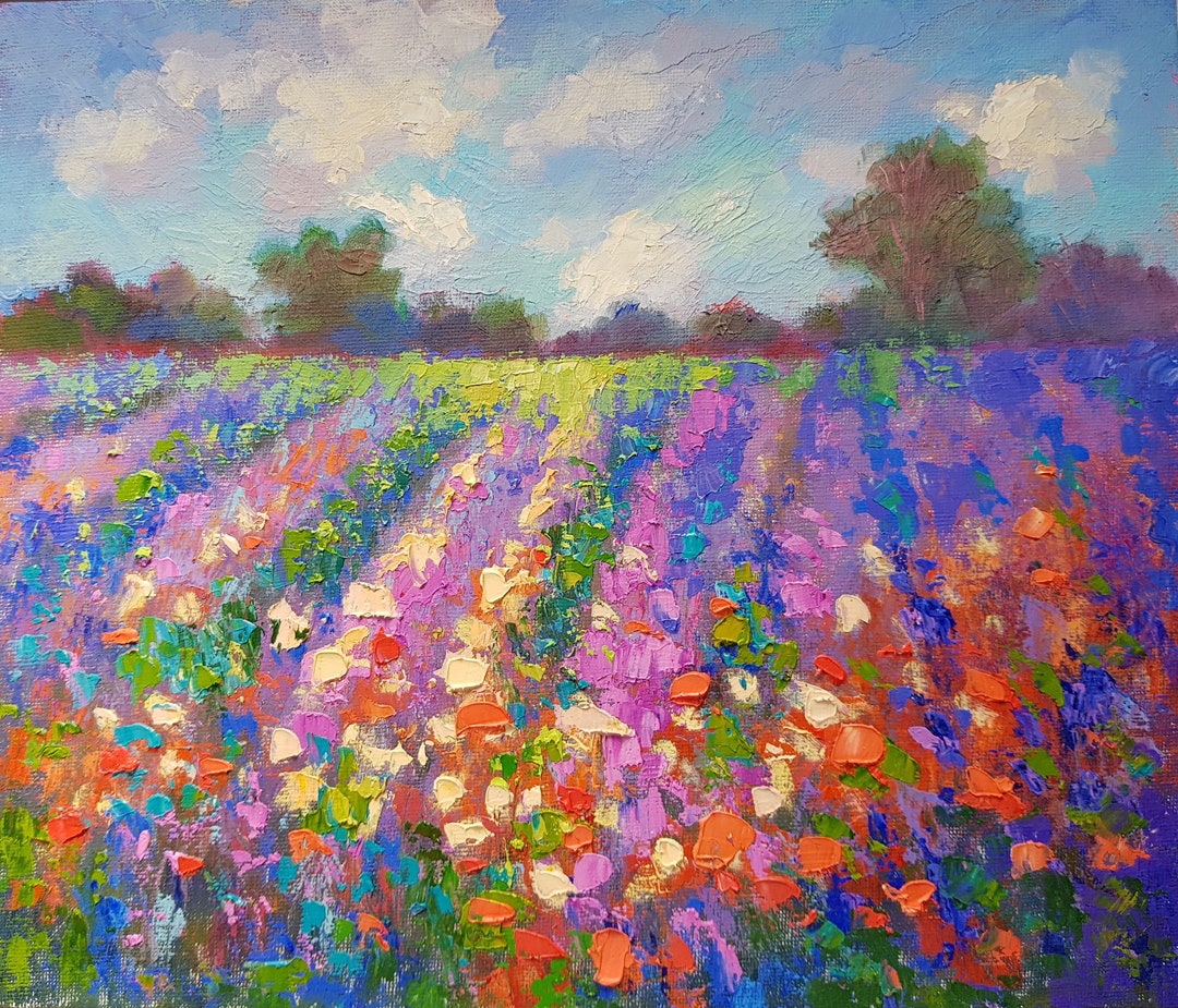 Lavender Field Original Oil Painting Impasto Purple Wildflowers Summer ...