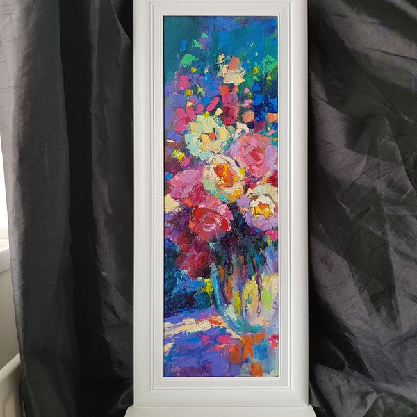 Roses Still Life: 8"x24" Impasto Oil Painting Bright Flowers Wall Art Large Colourful Painting Eternal Gift Roses Bouquet Contemporary Home