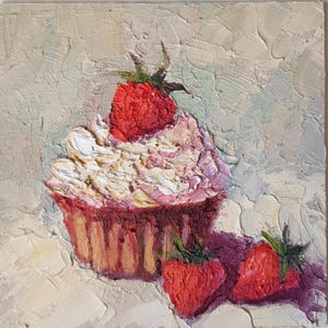 Dipinto in miniatura di Strawberry Shortcake, olio su tela, impasto, articolo fatto a mano, decorazione di frutta, 6x6", regalo per la persona cara, opera d'arte originale "Strawberry Charm"