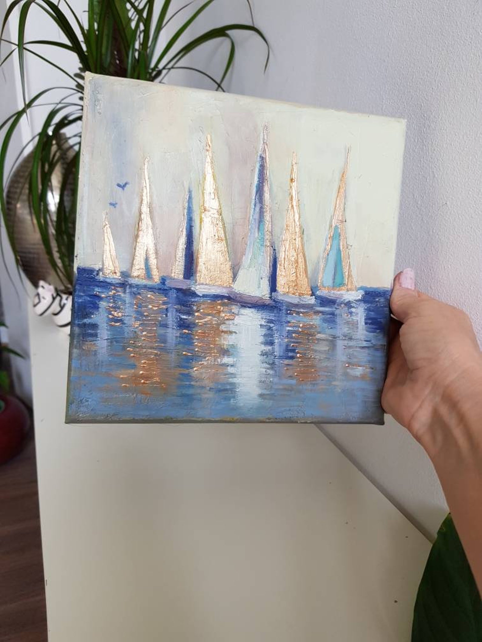 Segelboot marine bunt original Ölgemälde gerahmt fertig