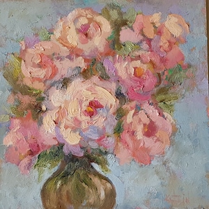 Peonies Original Oil Painting Impasto Vintage Floral Wall Art Pink Peony Artwork Flower Bouquet in Vase 10x10&quot; Gift for Woman Peony Painting