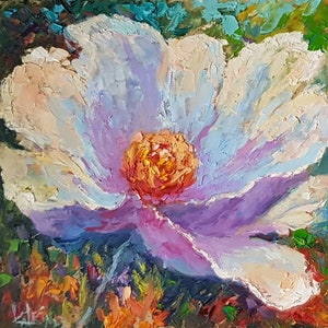 White Poppy Impasto Painting - Original Floral Art - Colorful Home Decor - 8x8 inch