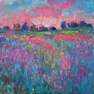 Campo de flores silvestres pintura rosa choque pôr do sol paisagem: 6x6" original impasto pintura a óleo brilhante colorido parede galeria arte impressionista