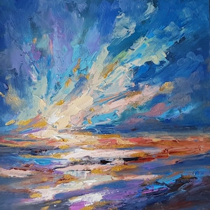 Ocean Sunset Impasto Oil Painting: Gold & Blue Abstract Art (10x10)