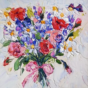 Mini cuadro de ramo de flores silvestres de empasto / Arte mural floral de amapolas y margaritas (15,2 x 15,2 cm)