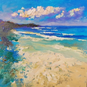 Pintura a óleo abstrata de paisagem marinha empastada, ondas do mar costeiras, azul, bege, arte de parede original, decoração contemporânea para casa, presente exclusivo, paisagem marinha