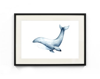 May include: A watercolour painting of a blue whale in a black frame. The whale is swimming to the right and has a white background.