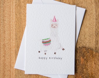 Llama Card | Happy Birthday | Watercolor Greetings Card | Birthday Card | Cake Card | Birthday | Cute Card | Gift Card | Eat Cake |